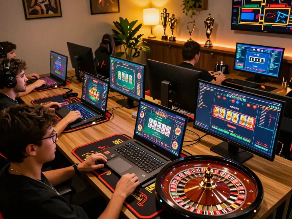 Players engage in exhilarating online shbet gaming in a stylish and inviting workspace