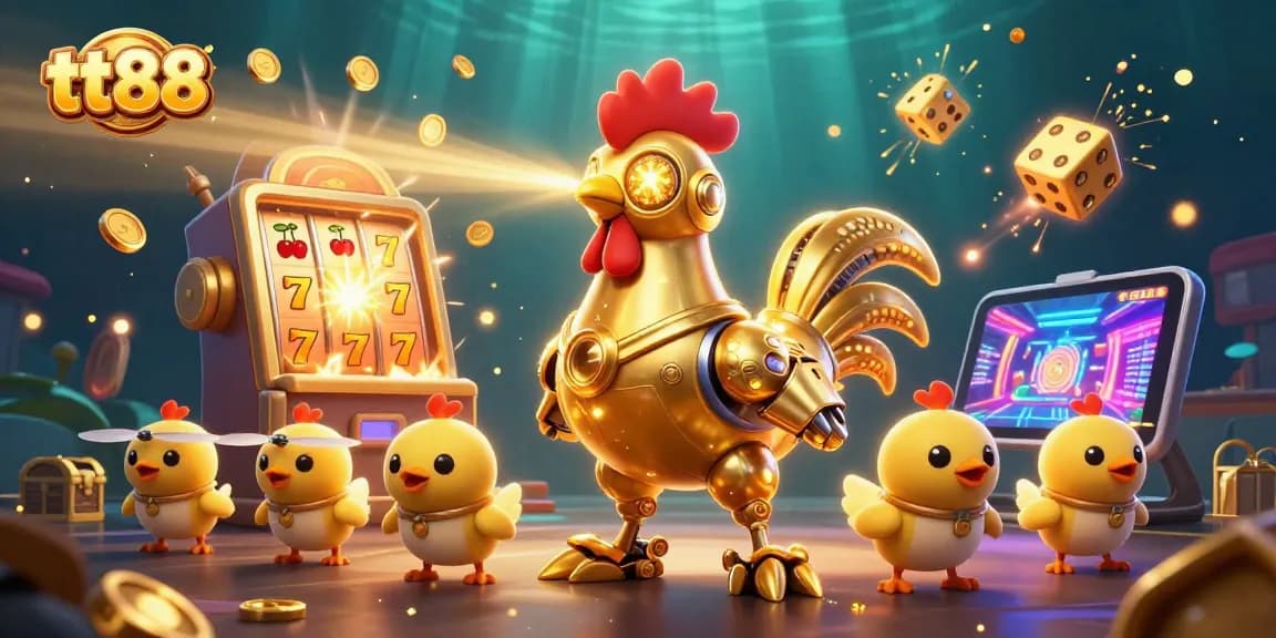Experience the thrill of tt88 with a golden rooster robot and exciting casino elements flying around!