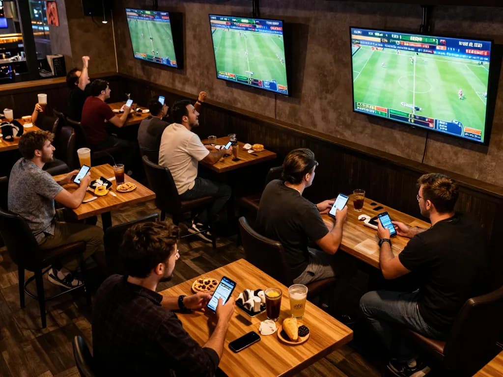 Fans passionately placing bets on 555win during live sports events in a vibrant sports bar.