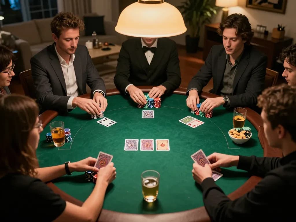 Engage with 388bet poker strategies in a lively home game setup, showcasing players in action.