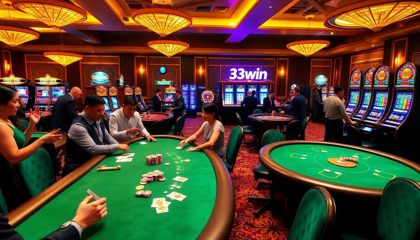 A lively scene of players enjoying games at 33win casino, featuring poker tables and slot machines.