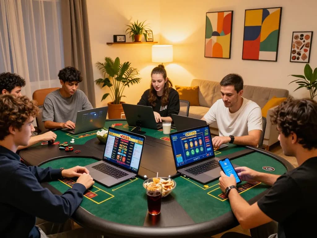 Engaging in VIC88 đổi thưởng online gaming with players analyzing bets on laptops and smartphones in a cozy home setup.