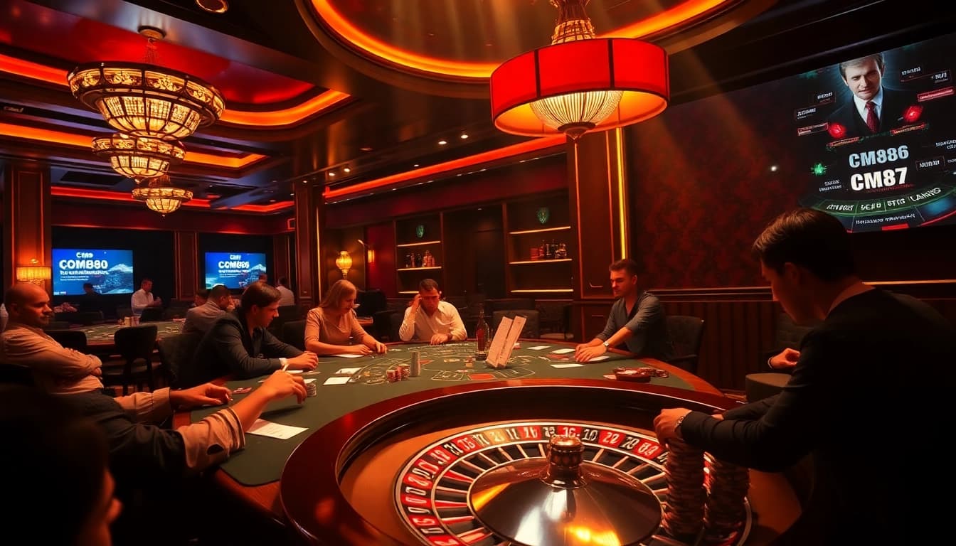 Players at a vibrant poker table, showcasing CM88, amidst luxury casino excitement.