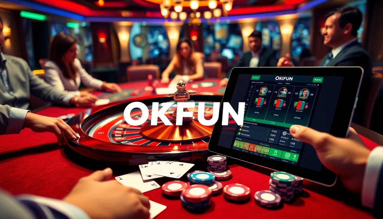 Experience OKFUN casino excitement with players at a roulette table and vibrant poker chips.