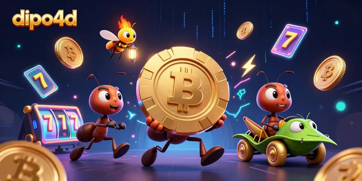 Rasakan keseruan bermain dipo4d dengan chip poker emas raksasa dan karakter menarik dalam ilustrasi!