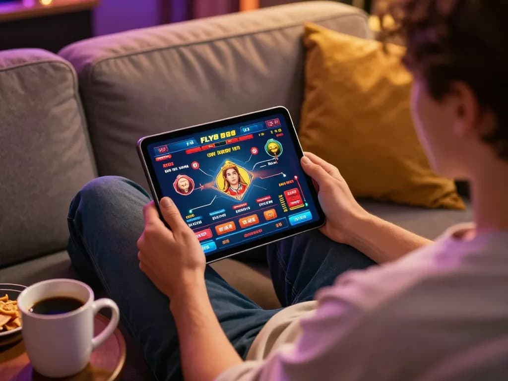 Engaging gamers enjoying FLY88 online casino experience on tablet at home