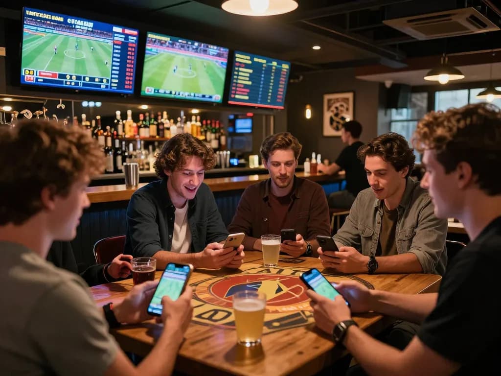uk88 offers exciting real-time sports betting experience with friends in a lively bar setting.