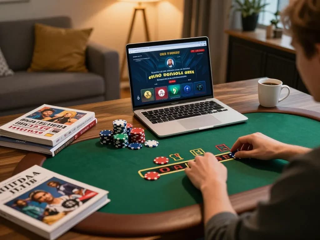 Playing blackjack online at tt88 com from a cozy home office with strategy notes.