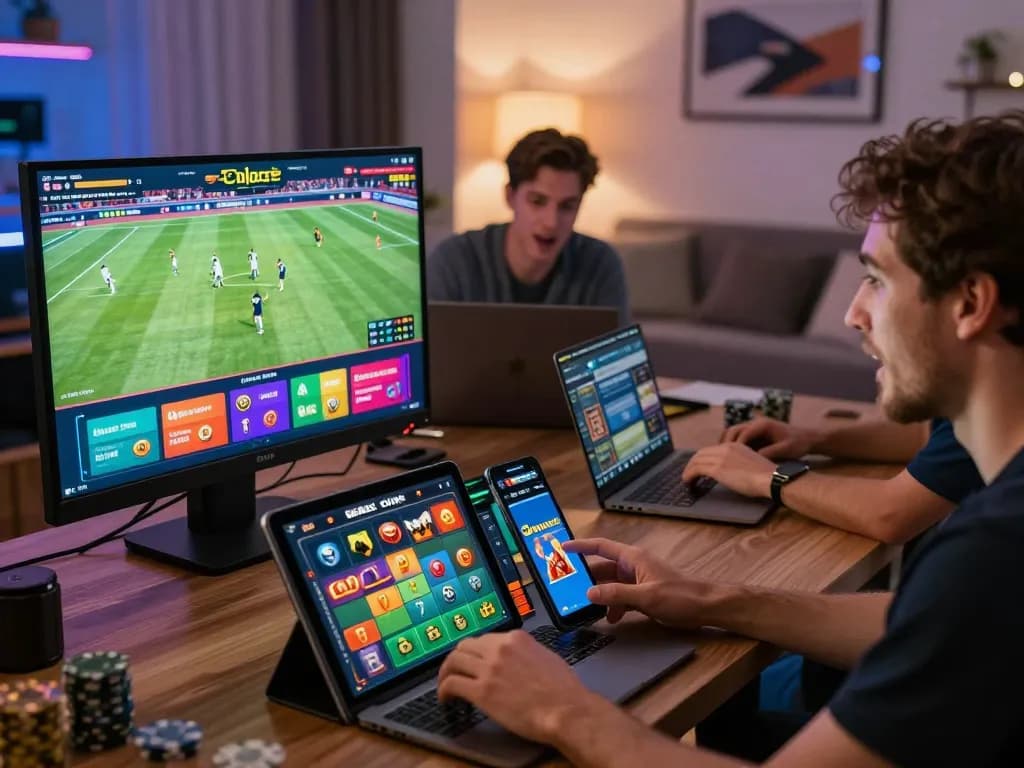 Players enjoying the exciting Onbet online gambling platform, engaging with sports and casino games in a modern home setting.