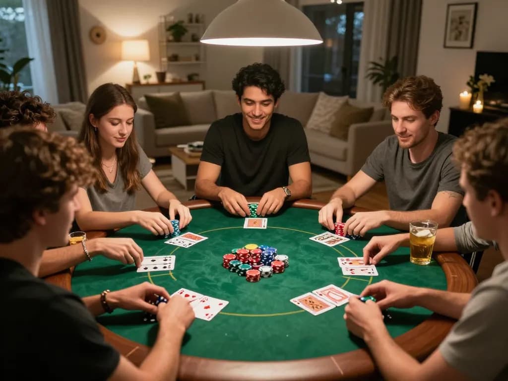 Friends engaging in a challenging C168 poker game at home, showcasing chips, cards, and snacks.
