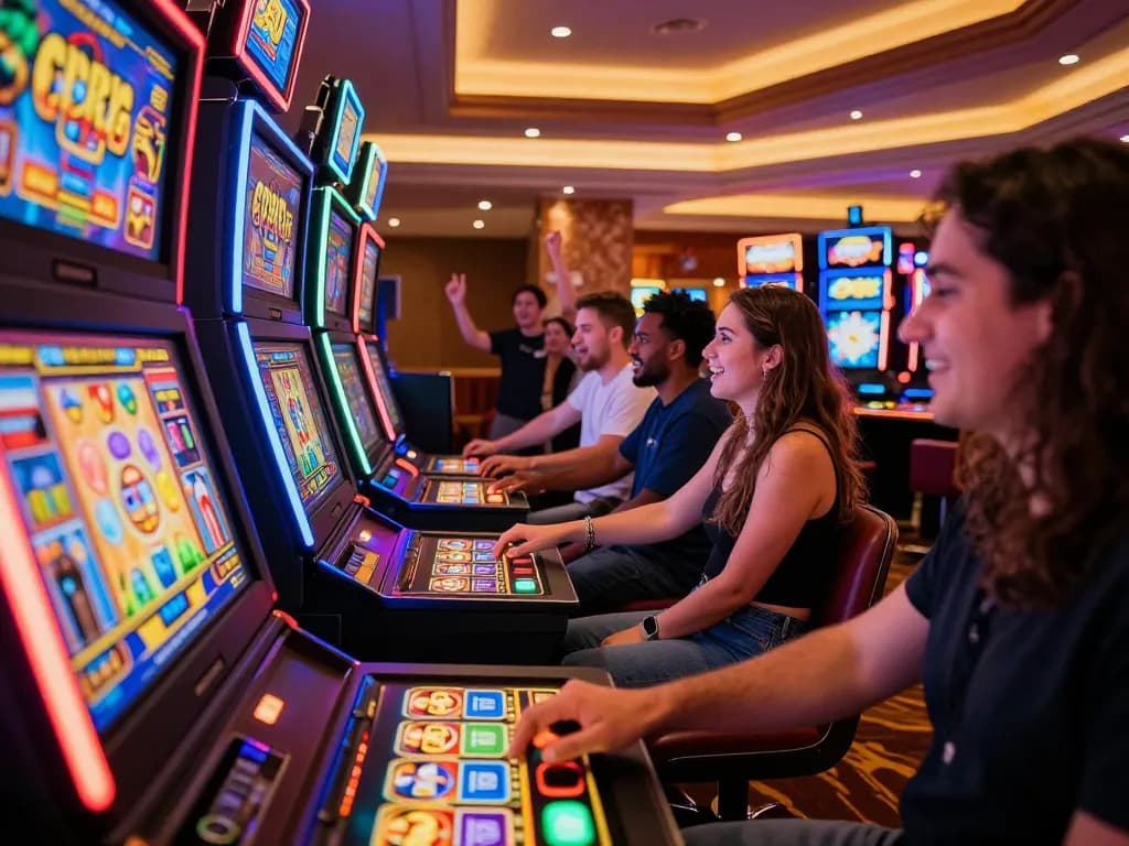 Players engaging with colorful slot machines at RR88, pressing spin buttons in energetic casino atmosphere.