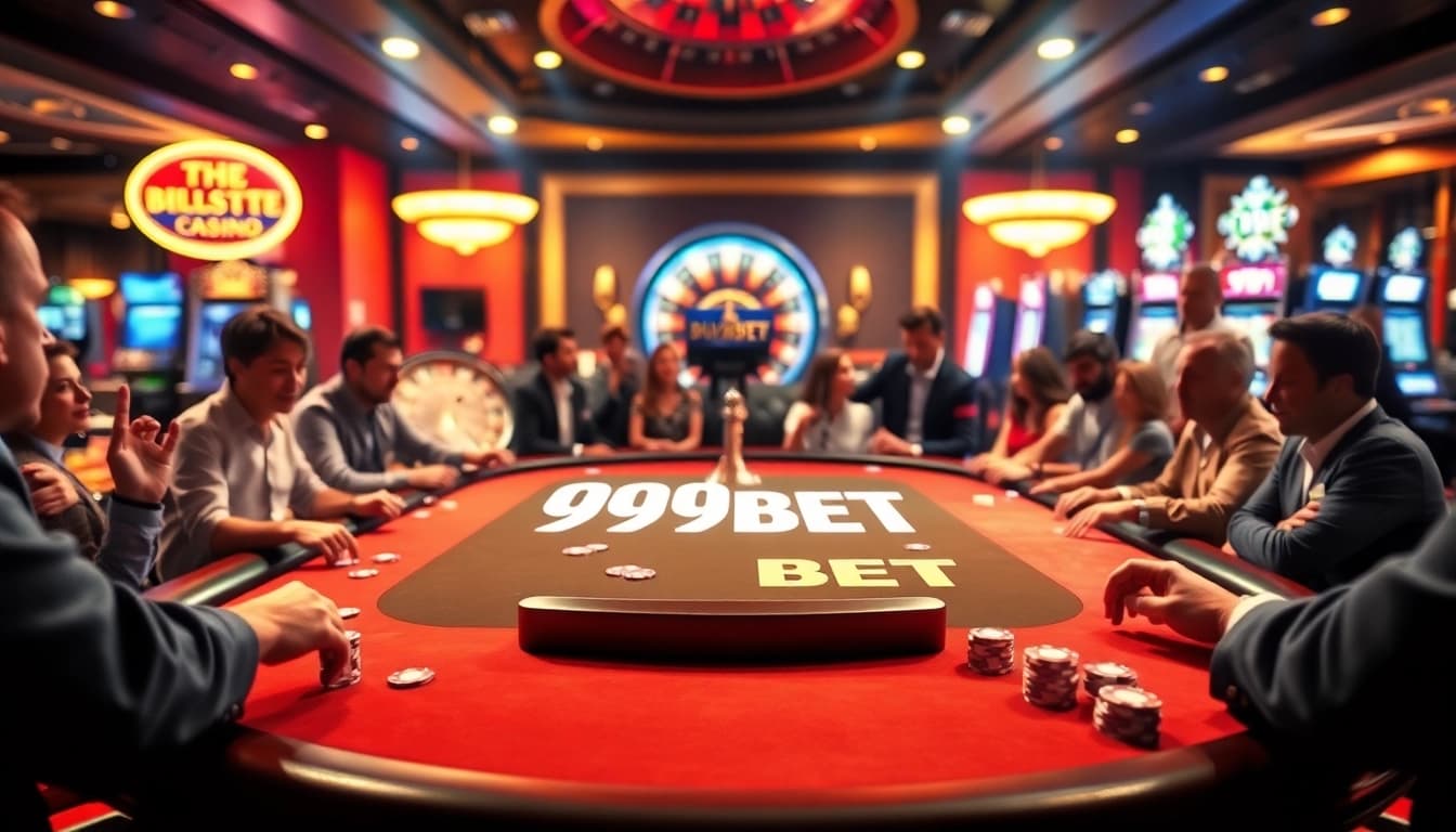 Exciting poker action at a luxurious 999BET casino table with vibrant lights.