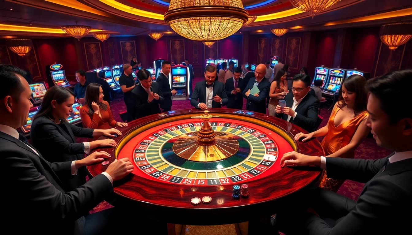 Experience the thrill of J88 at a lively casino with players and vibrant gaming tables.