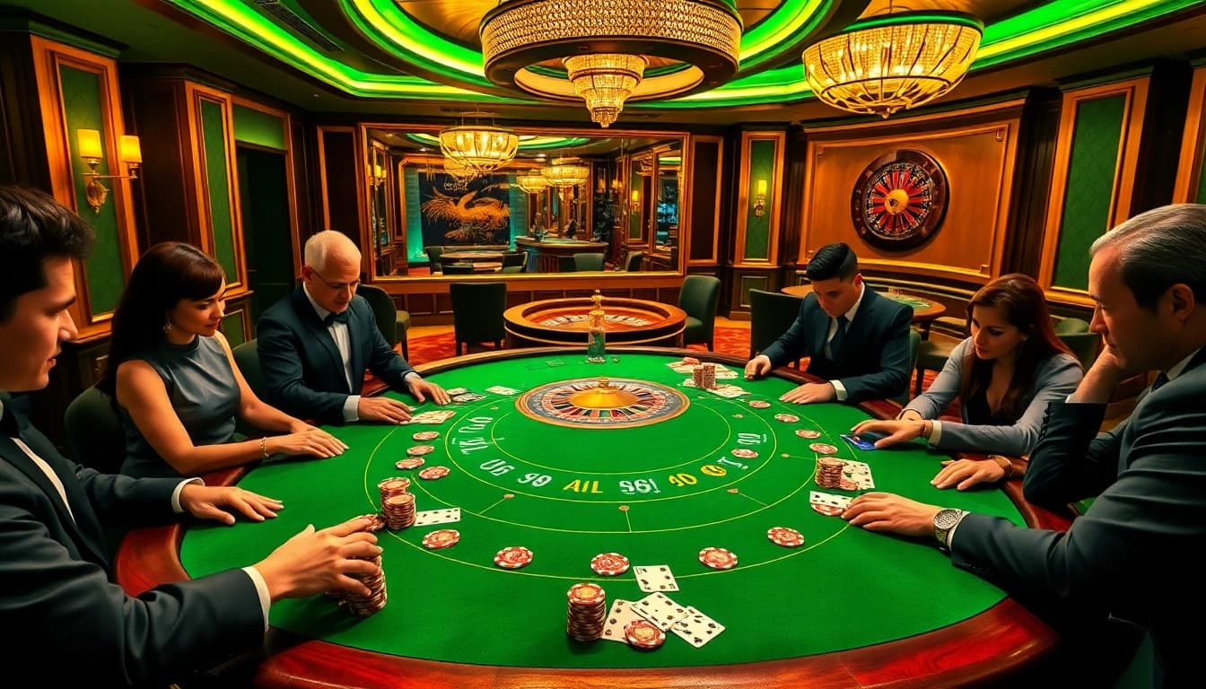Players at a blackjack table enjoying a fabet gaming experience in a luxurious casino atmosphere.