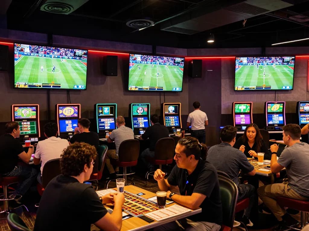 Kèo nhà cái 5 in action as bettors engage at modern sports betting lounge with live games.