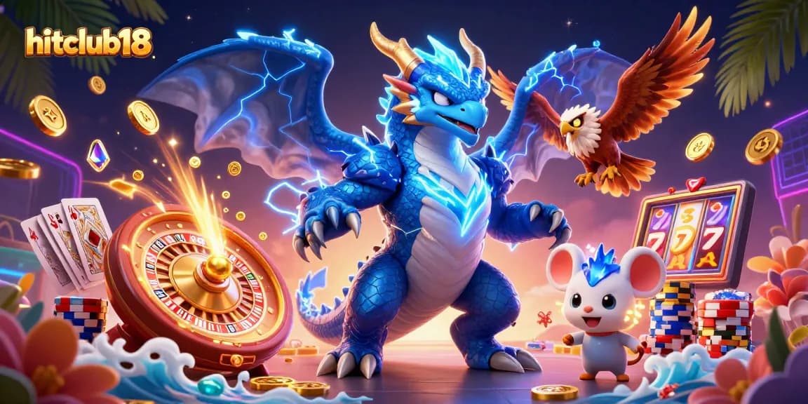 Experience the thrill of hitclub18 with a powerful dragon, glowing hawk, and dynamic casino elements.