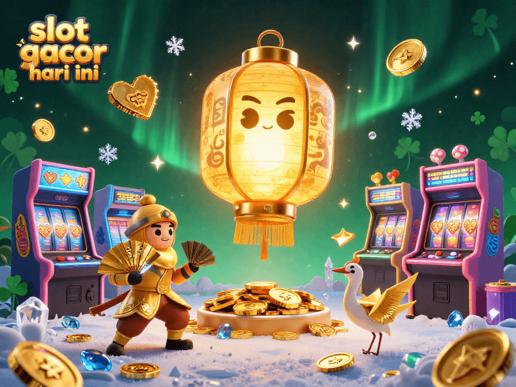 Experience slot gacor hari ini with a vibrant 3D illustration featuring golden lantern spirits and arcade elements.