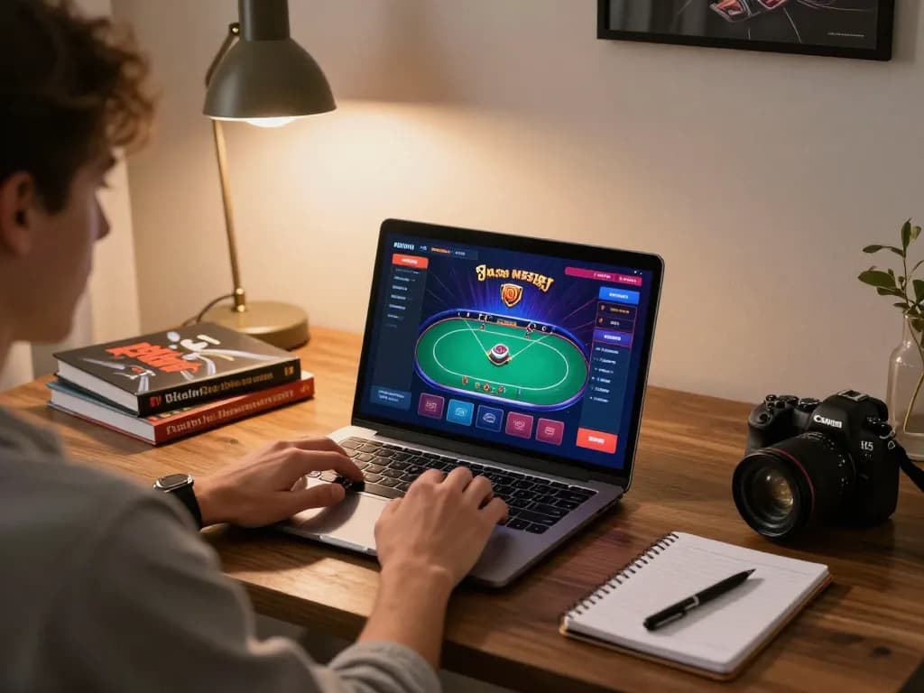 Engaging online gaming experience at ทางเข้า m99 with immersive poker action on a laptop.