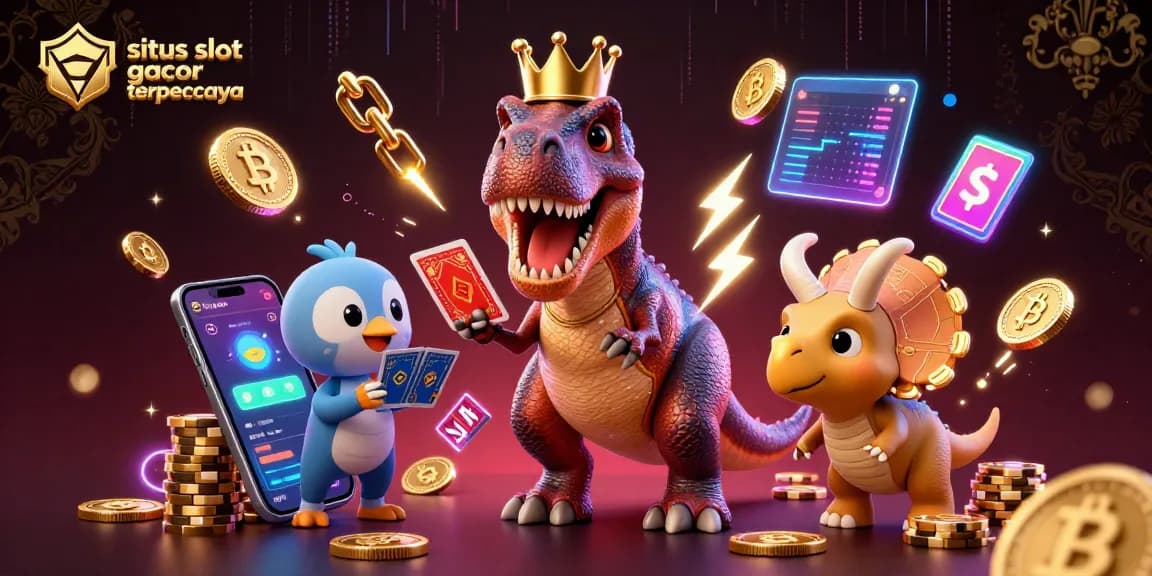 Engage with the thrilling situs slot gacor terpercaya as a T-Rex shuffles cards amidst vibrant casino elements.