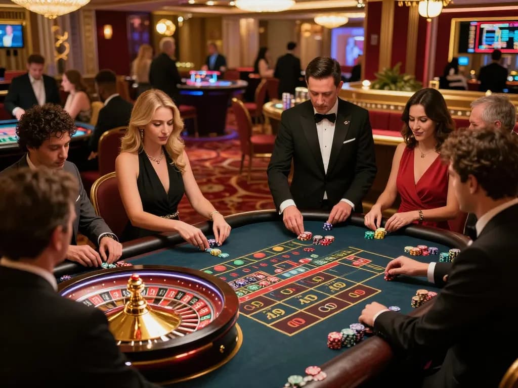 Experience the excitement of go99 on a vibrant roulette table with eager players and luxurious casino ambiance.