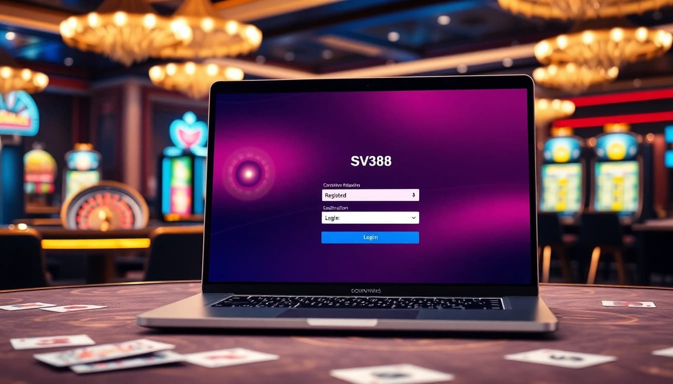 Engage with the vibrant online gambling world through đăng nhập sv388 on a sleek laptop, featuring casino elements.