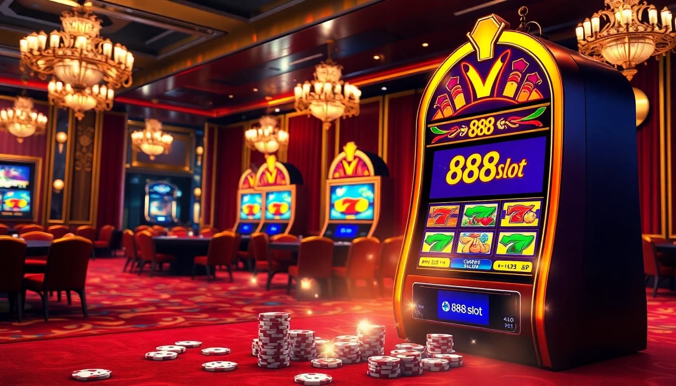Rasakan sensasi menang dengan 888slot di kasino yang ramai dengan mesin slot dan chip poker.