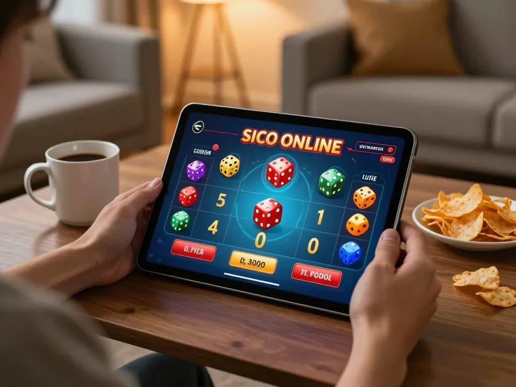 Sicbo Online gameplay on a tablet with a cozy gaming setup featuring dice graphics and warm lighting.