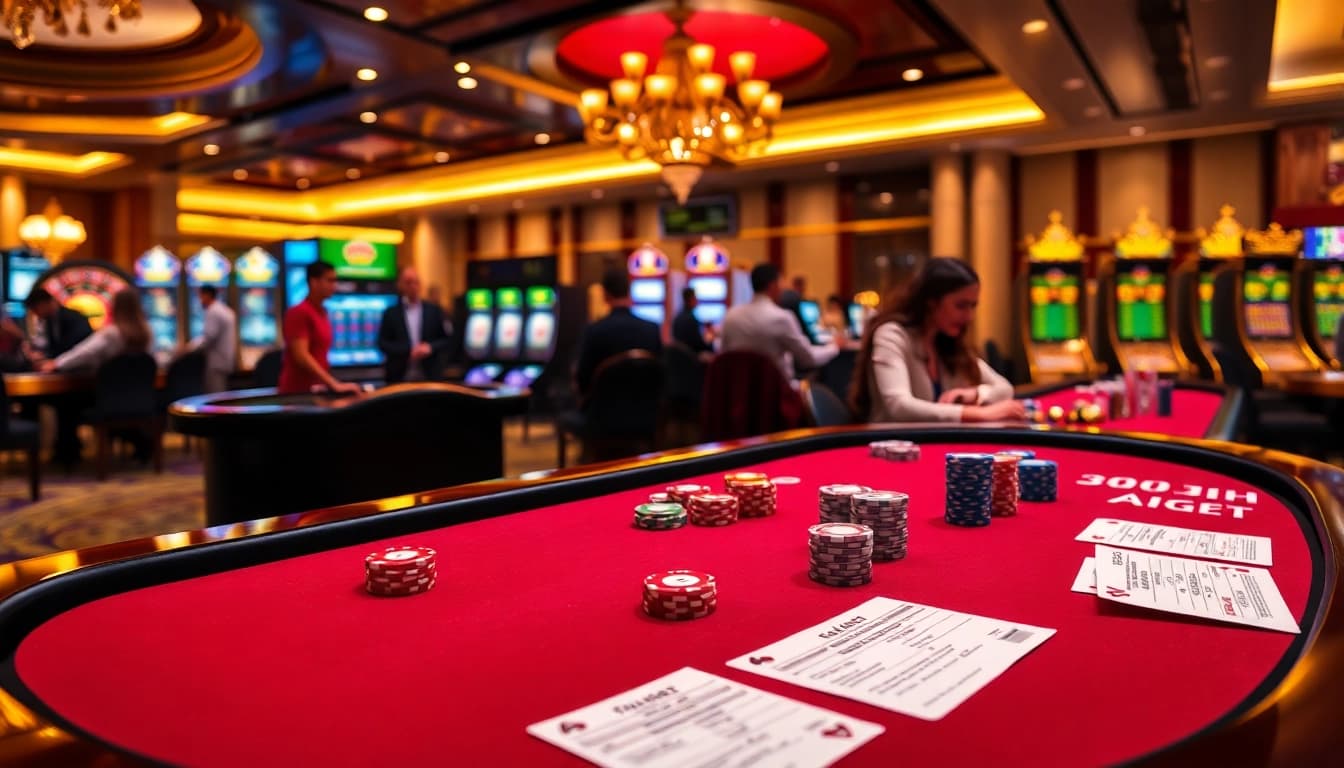 Players enjoying a vibrant casino atmosphere at 8kbet with poker tables and slot machines.