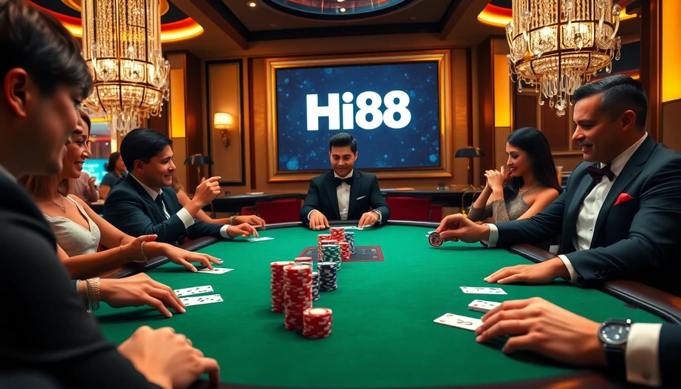 Experience thrilling poker action at Hi88 with vibrant chips and professional dealers.