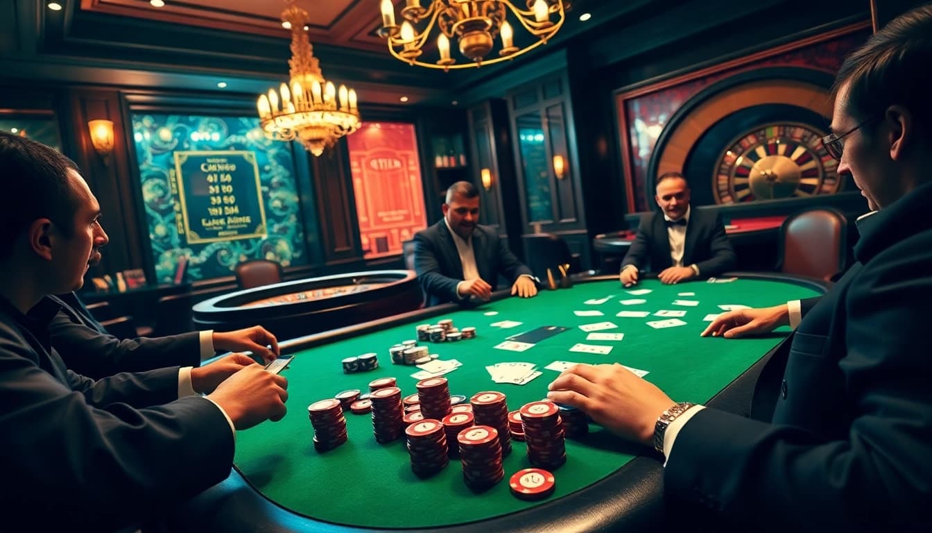 Poker players compete at a luxurious dh88 casino table, surrounded by chips and a roulette wheel.