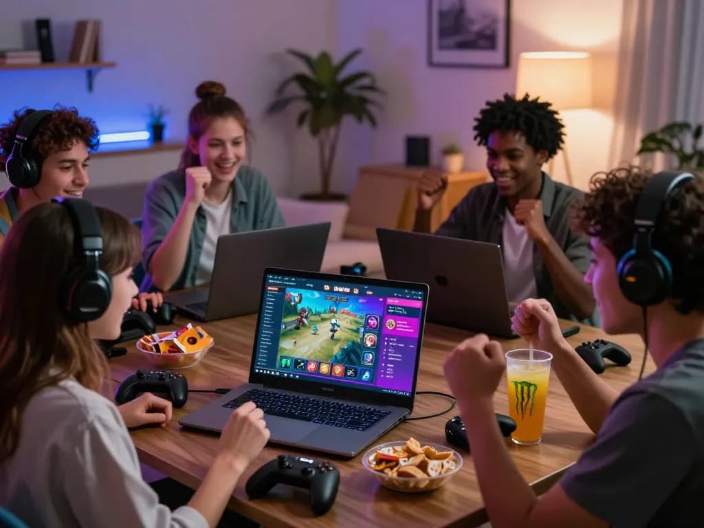 Young gamers enjoying the Sun Win platform in a lively living room.