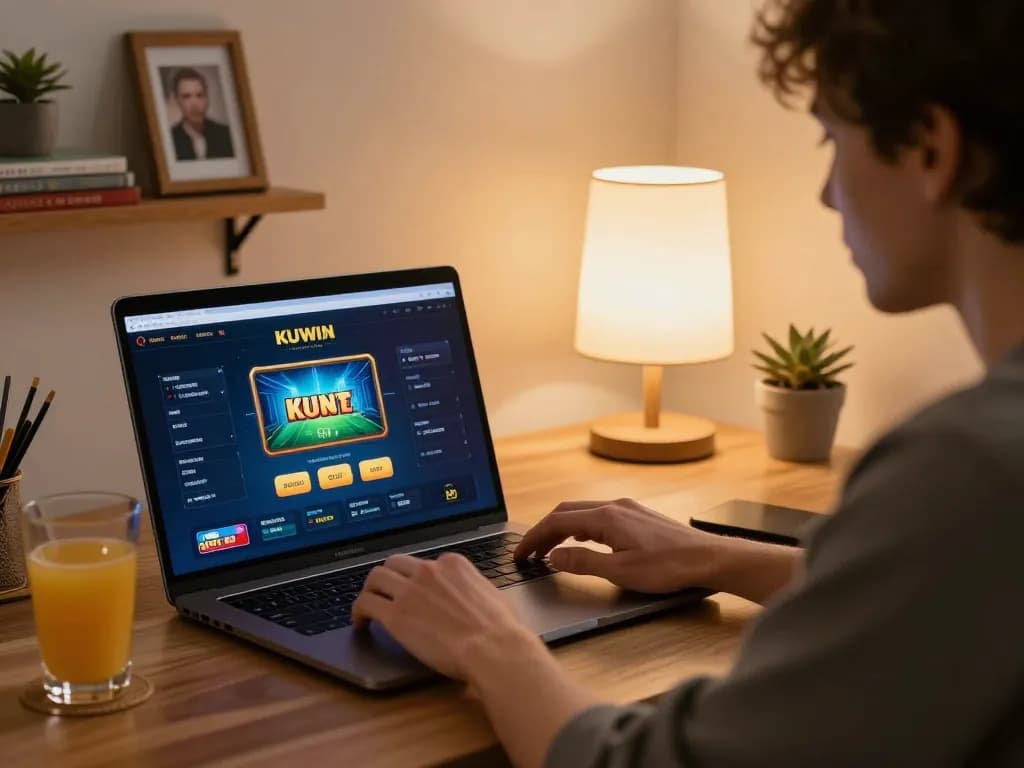 Engaging in online gambling with KUWIN platform in a cozy home setting.