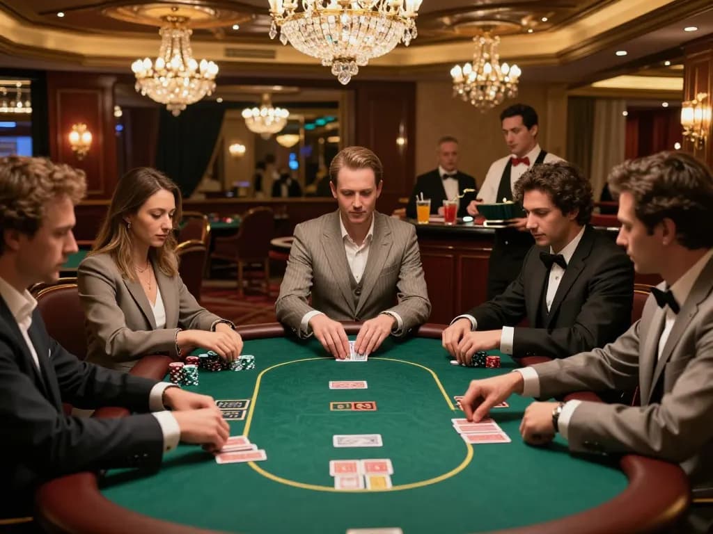 Engaged players strategizing at Vipwin's exclusive poker table in a high-end casino.