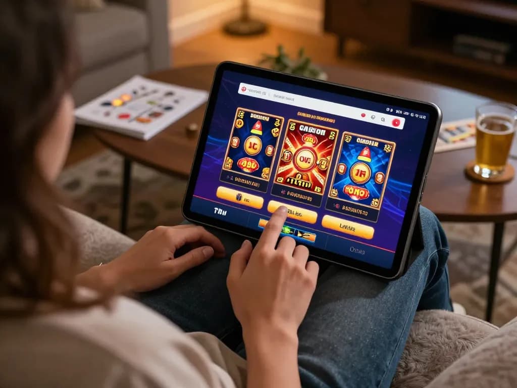 Engaging with F8BET’s online casino app on a tablet in a cozy home setting