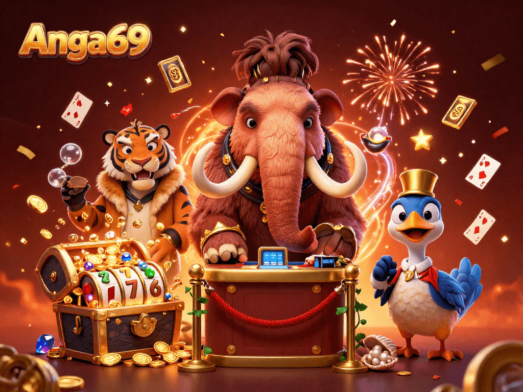 Engage with Angka69's dynamic casino atmosphere featuring lively slot characters and vibrant gambling elements.
