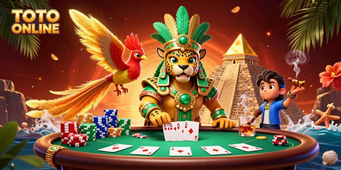 TOTO ONLINE showcases an exhilarating poker scene with a Mayan jaguar priest, packed with colorful chips and community cards.