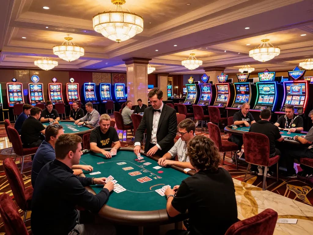Players enjoying strategic poker games at Vsbet casino with vibrant atmosphere and luxury decor.