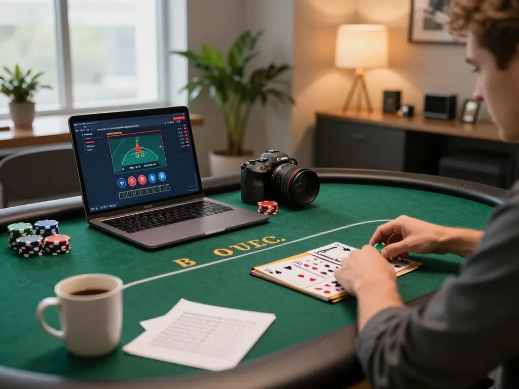 Keratontoto player engaging in a strategic poker match at a cozy online casino setup