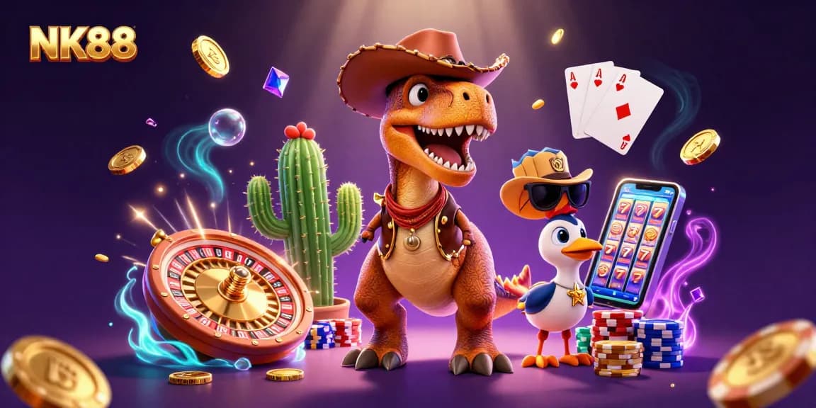 Experience thrilling jackpots at NK88 with a cowboy dinosaur amidst golden coins and roulette excitement