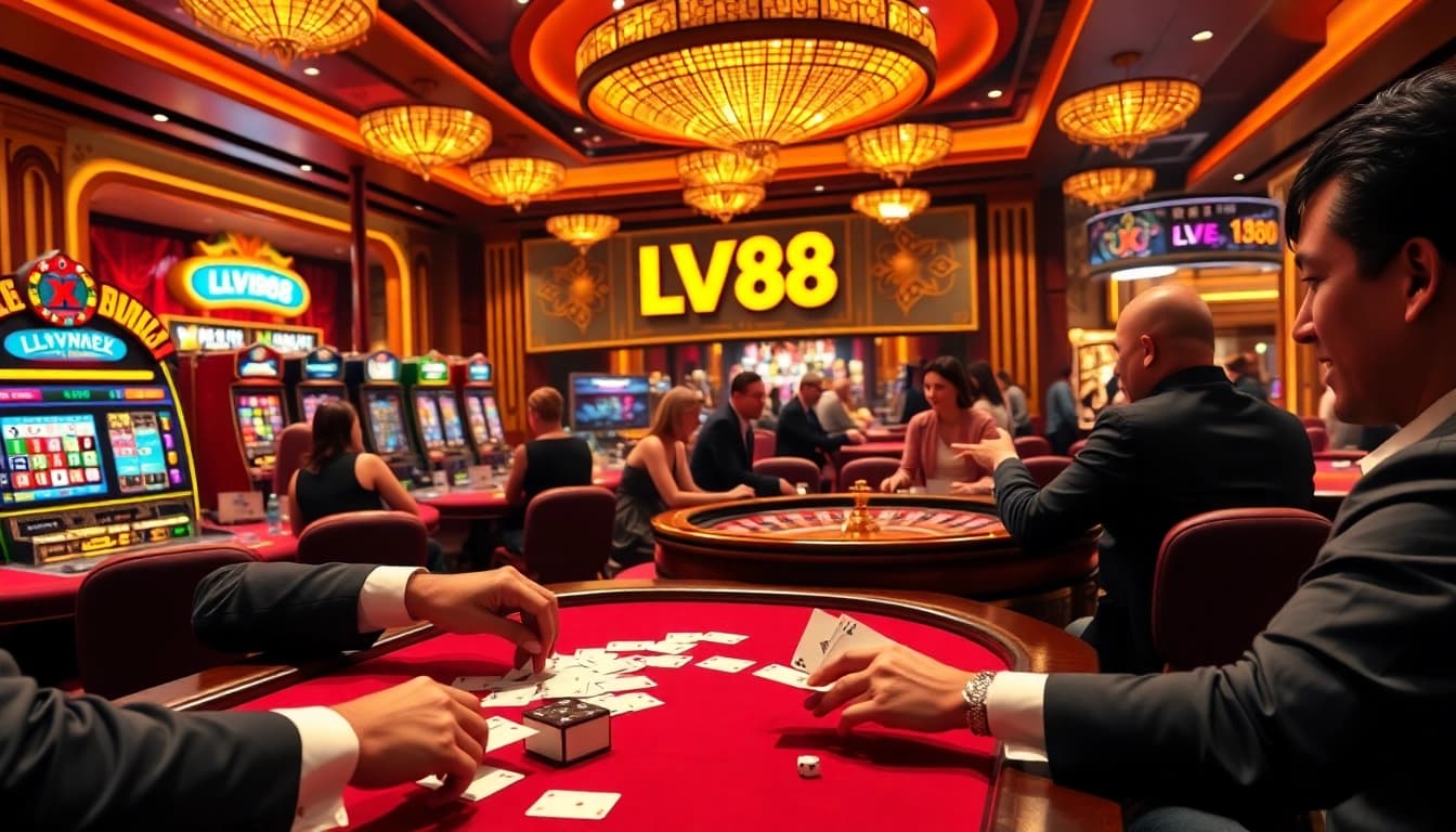 Experience the thrill of LV88 with engaging dealer interactions at an opulent casino table.