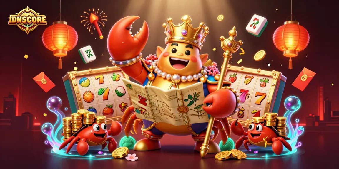 Engage in thrilling casino action with IDNSCORE and a golden crab emperor in a dynamic gaming scene.