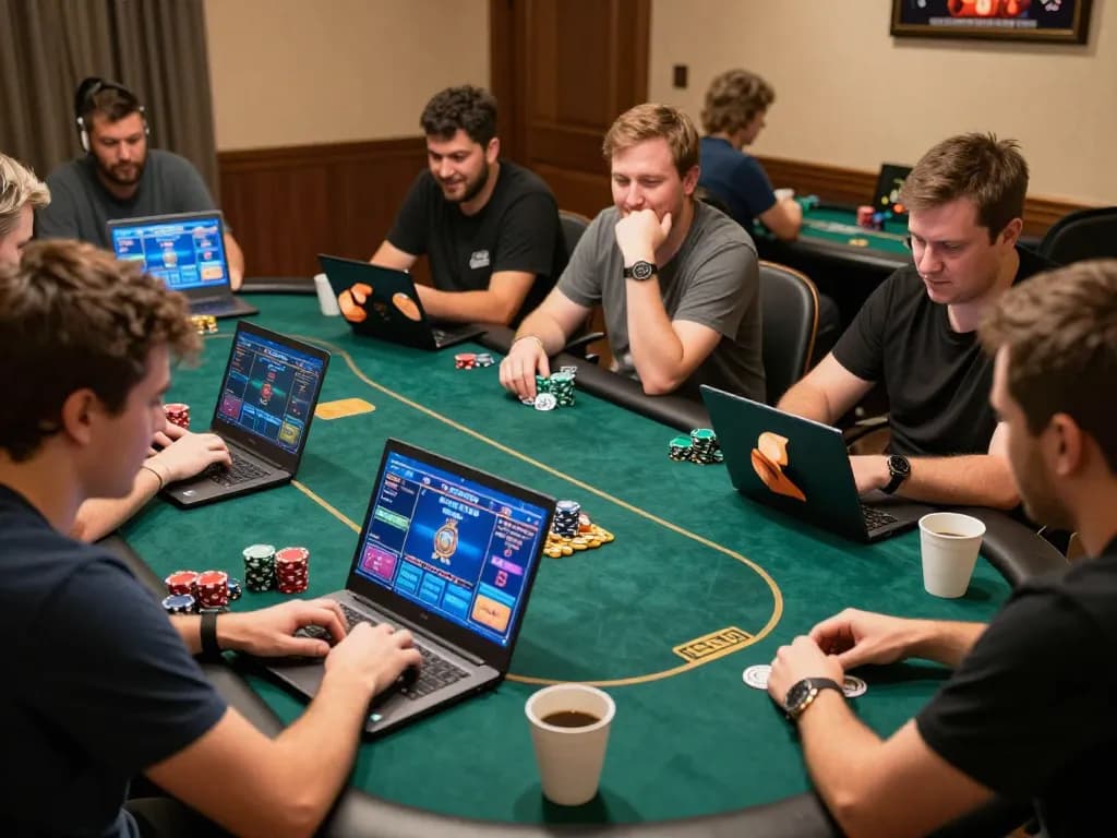 Players engaging in a thrilling kp88 poker game while using laptops and tablets at home, showcasing excitement and camaraderie.