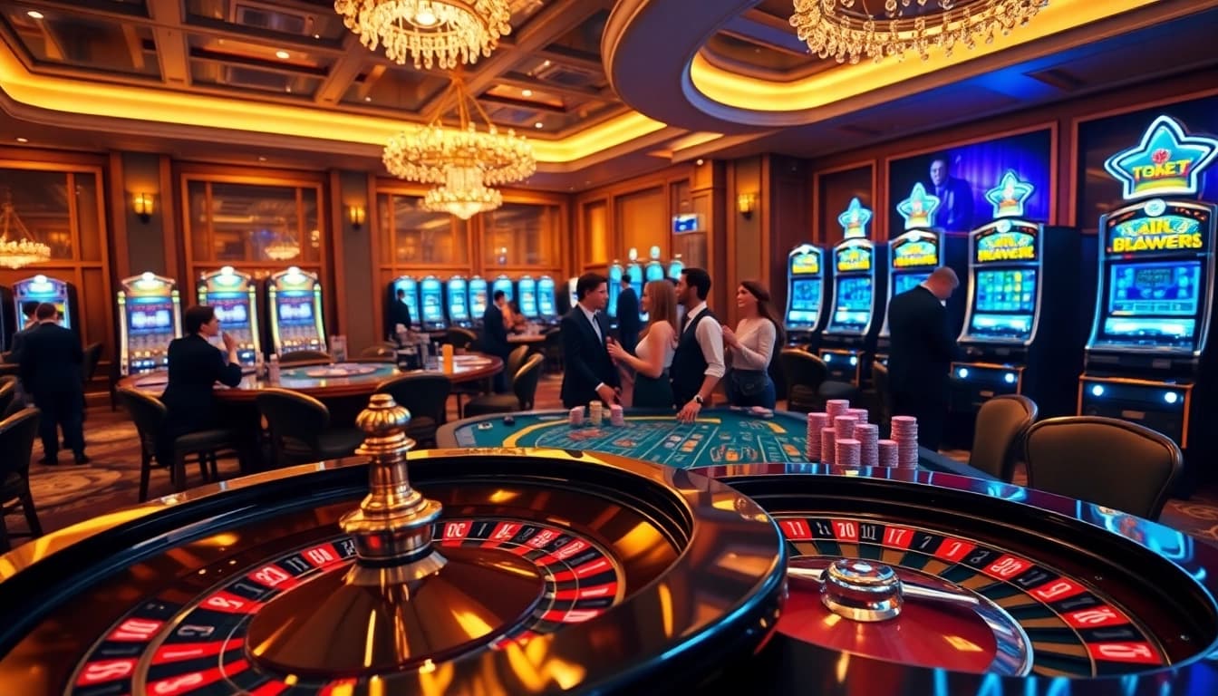 L444 casino players celebrating wins at an elegant table among vibrant slot machines.