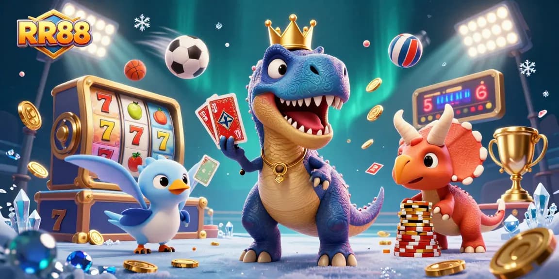 RR88 showcases a fun scene with a T-Rex and friends playing cards and stacking chips in a vibrant casino.