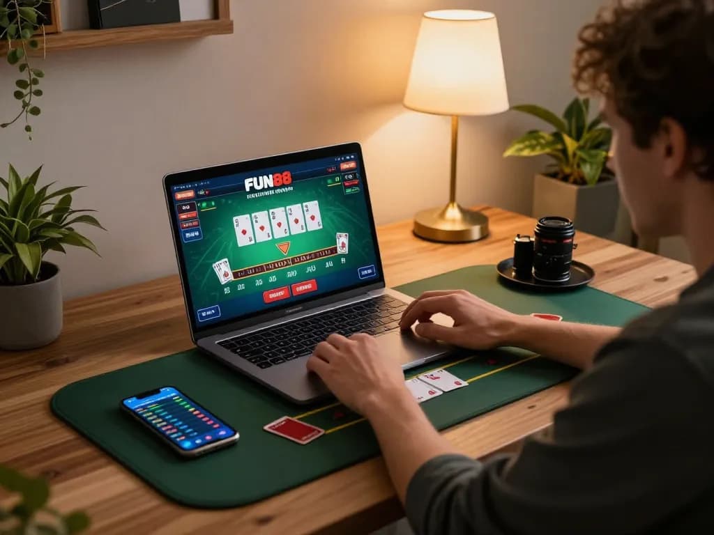 Play live dealer blackjack on FUN88 in a cozy home setup with ambient lighting.