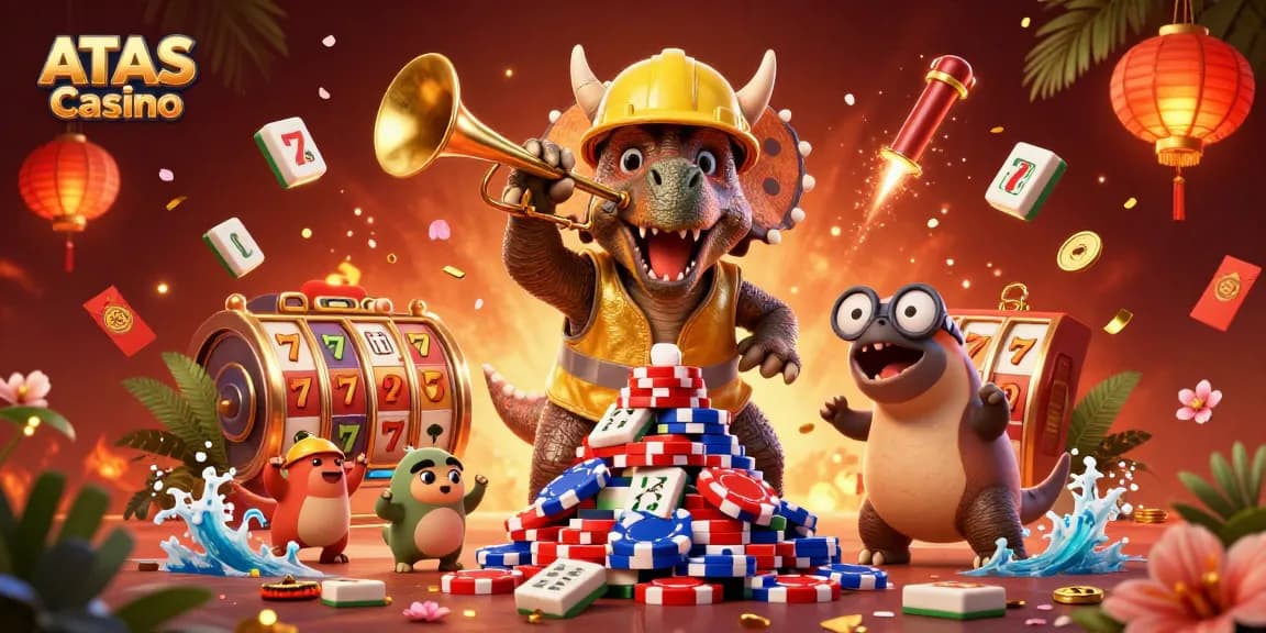 Join the excitement at ATAS Casino with a vibrant scene of 3D characters celebrating wins amidst dynamic casino elements