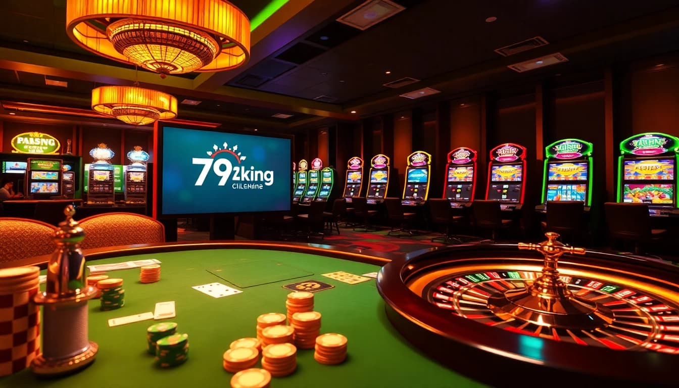 Experience the excitement of the 79king casino with vibrant slot machines and a professional poker table.