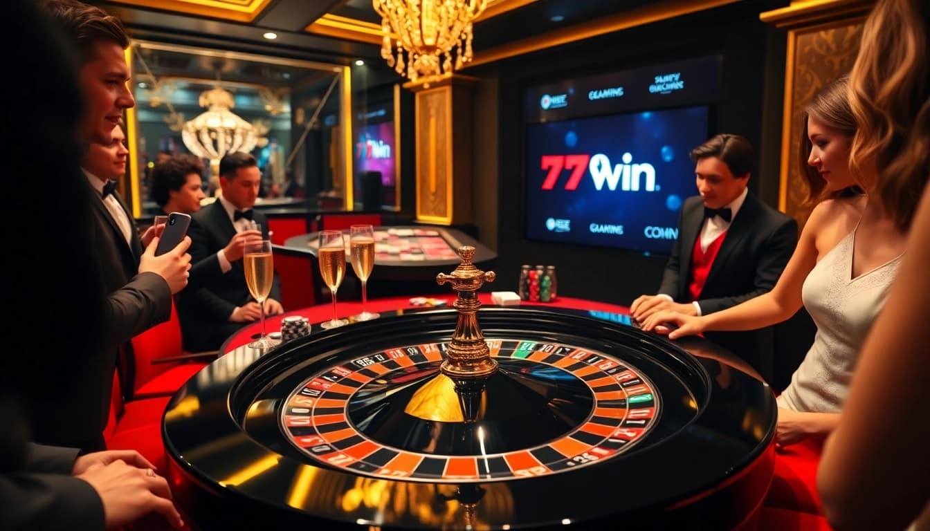 Casino scene at 79win with players engaging at roulette table and colorful chips.