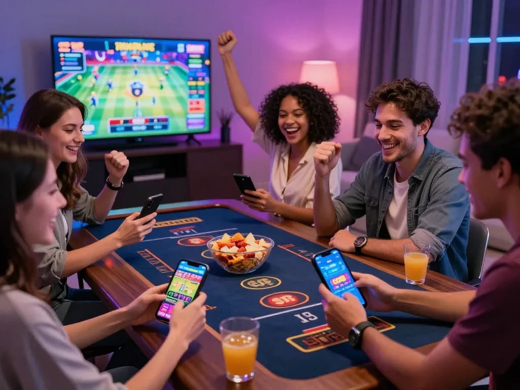 Friends enjoying online gambling with SC88 app in a lively setting