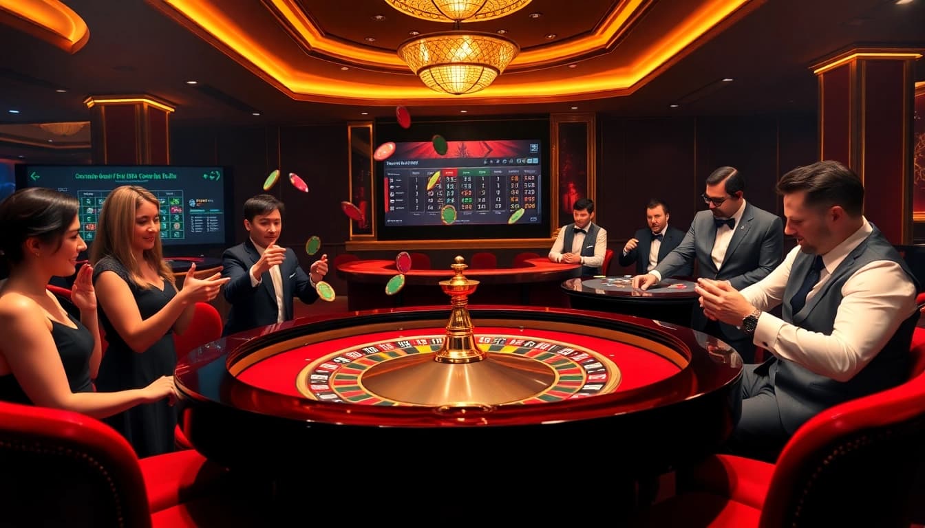 Experience high-stakes action at uu88 with an elegant casino scene featuring roulette and poker.